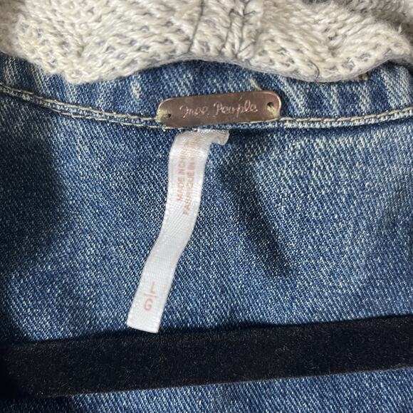 Free People Jean Jacket Blue Grey Denim Hooded‎ Trucker Distressed Womens Large - Picture 6 of 12